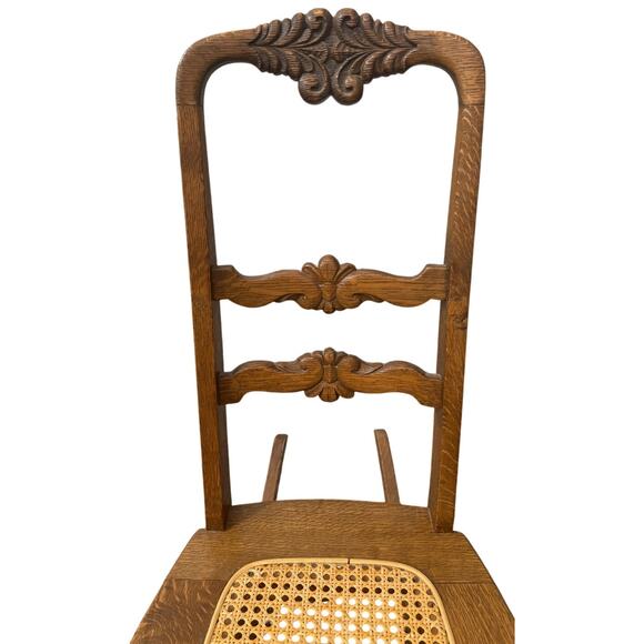 Antique Oak Rocking Chair w/ Carved Back & Cane Seat – 17” Wide Vintage rocker - Picture 3 of 10